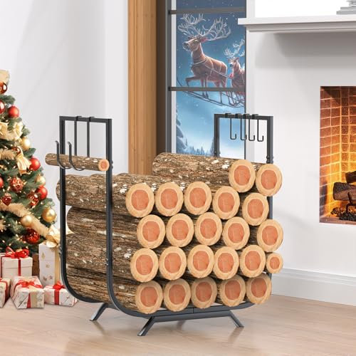 Stabiles Kaminholzregal, 155 l, verdickter Holzstapel für den Innen- und Außenbereich, mit 6 Haken, rostfreies, wasserdichtes Holzregal für Kamin, Holz-Organizer