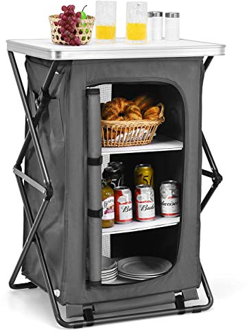 Armario plegable portátil para camping, 90 cm, 120 cm, 139 cm de alto, con 3 estantes y bolsa de transporte, mesa de cocina de instalación rápida para barbacoas en interiores y exteriores, capacidad