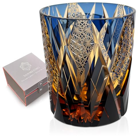 SANMENMO Edo Tokyo Kiriko Style Whiskey Glass – Handmade Crystal Tumbler for Bourbon, Scotch & Cocktails | Cut Glass Design, 8.5Oz | Japanese Old Fashioned Glass, Gift for Men-1 Cup