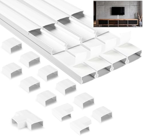 NUTKIT 2.4m Cable Trunking Kit, Cable Cover for Cord(L300mm,W30mm H15mm) | White Wire-trunking for Electric-cables, Self Adhesive Trunking for TV cables, Cable Tidy Management to Hide Wires On Wall-8X