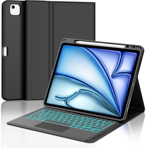 JADEMALL Hülle mit Tastatur für iPad Air 13 Zoll & iPad Pro 12.9, QWERTZ deutsche Tastatur mit 7-Farben-Beleuchtung und Touchpad – Premium Schutzhülle und magnetischem Stiftslot (Schwarz)