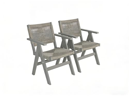 HIPS Outdoor Folding Chair with Woven Rope Seat & Back, Set of 2, Weather Resistant Patio Dining Chair with Armrests for Deck, Backyard, Garden, Poolsidee (Light Grey)