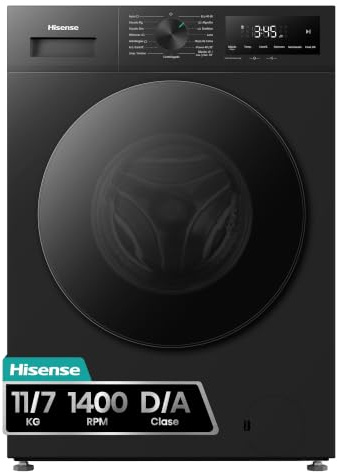 Hisense WD1I1142BBL2 - Lavasecadora 11 kg/7 kg, Fondo 59cm, 1400 rpm, Lavado y Secado 59', Dispensador Automix, Programa Lavado Auto, Función Antiarrugas, iFit™ Fondo Optimizado, Negro