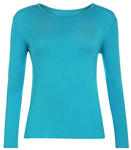 Women Long Sleeve T-Shirt Top Basic Casual Plain Stretch Vest Body Blouse Tee Layering, M/L 12-14, Turq