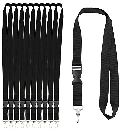 iboo 10 Lanières Tours de cou Noir Porte badge, Cordon avec Boucle Détachable - Porte-clés avec attache clip - Porte carte de visite
