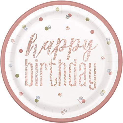Unique 84891 Happy Birthday Round Paper Plates-9 | Disposable | Prismatic Rosegold | 8 Pcs, Rose Gold