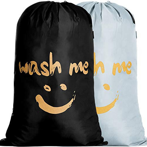 IHOMAGIC 2Pack Wäschesäcke mit Kordelzug Reise Schmutzwäsche Wash me Wäschesammler RIP-Stop Wäschetasche für Reise Wohnungen oder Häuser Goldene Lächeln Wäschebehälter 66x96cm, Schwarz/Silbrig
