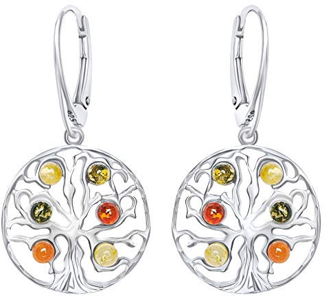 ANDANTE Premium Collection - Echter OSTSEE Bernstein Ohrringe in 925 Sterling Silber ** Lebensbaum ** Zertifiziert - Gold des MEERES - Farbe COGNAC, GRÜN, ZITRONE