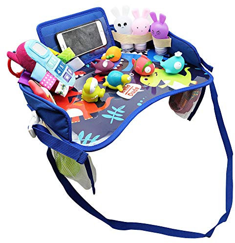 Kids Travel Tray, Toddler Car Seat Tray Organizer, Kids Lap Tray Play Tray with A Phone Holder, A Road Trip Essential, Mesh Pockets, Soft Padding, Waterproof (Blue)