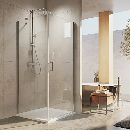 EMKE Duschkabine 90x90cm Duschwand Duschabtrennung 6mm ESG klares Sicherheitsglas Duschtür mit Seitenwand Beidseitiger Nano Beschichtung Höhe: 195cm