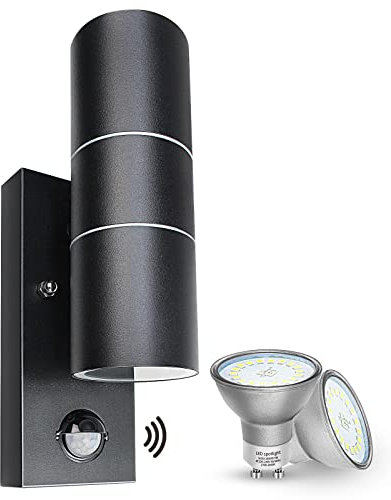 Wondlumi Aussenlampe mit Bewegungsmelder Schwarz GU10 Außenlampe LED Up und Down IP44 Modern Außenleuchte 230V inkl.2x 5W Warmweiß Glühbirne, 1 Stück