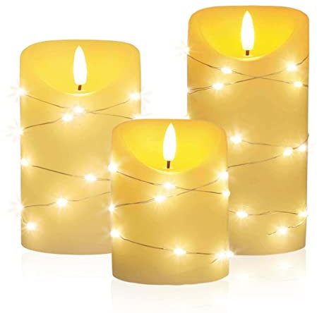 LED Universum - LED Kerze Cynthia 3er Set, 10 I 12,5 I 15 cm, Echtwachskerze umwickelt mit LED Lichterkette, cremefarben, warmweißes Licht, 5h Timer, Batteriebetrieben: je 2x AA (nicht inkl.)