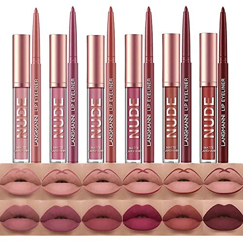 Skynest Ensemble de maquillage crayon à lèvres et rouge à lèvres, 6 rouges à lèvres liquides mats veloutés + 6 crayons à lèvres lisses assortis