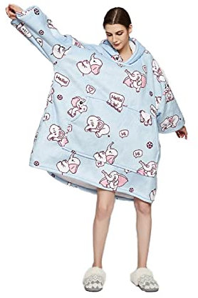 iyoimono Hoodie Decke für Damen Flanell Fleece Pullover Sweatshirt Decke Flauschige Sherpa TV-Decke mit Ärmeln Übergroße Kapuzen Pullover Kuscheldecke Einheitsgröße(Blau grau Elefant)