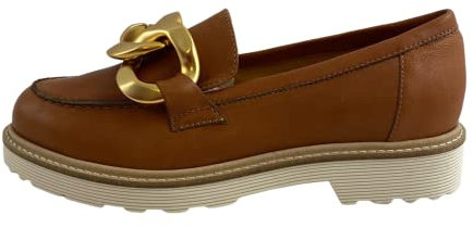 Soldini Antica Cuoieria Mokassini-Schuhe für Damen aus braunem Leder, mit goldener Kette, Unterseite aus rutschfestem Gummi, hergestellt in Italien., braun, 40 EU