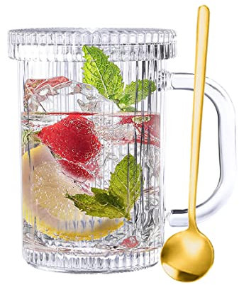 Tasse à café en verre transparent avec couvercle, Tasse à thé classique à rayures verticales avec cuillère, pour Latte, Thé, Chocolat, Jus, Cadeau pour les femmes Les filles Hommes, Noël, 11OZ