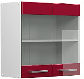 Vicco Küchenglasschrank R-Line, Glashängeschrank, Bordeaux Hochglanz/Weiß, 60 cm