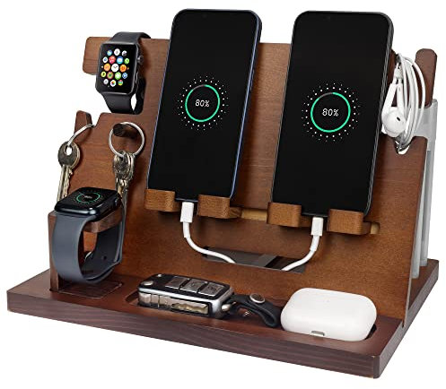 Geschenke für Männer Geburtstag Holz Telefon Dockingstation Uhren Geldbörsen Nachttisch Organizer Weihnachten Männer Geschenk, Geburtstagsgeschenke für Männer oder Vater Schreibtisch Organizer Holz