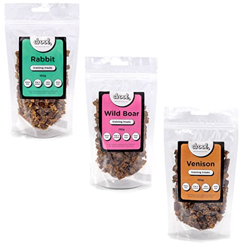 Drool Pet Products Natural Air Dried Dog Treats | Rabbit, Venison & Wild Boar | Grain Free Healthy Training Chews for Dogs | 3 x 150g