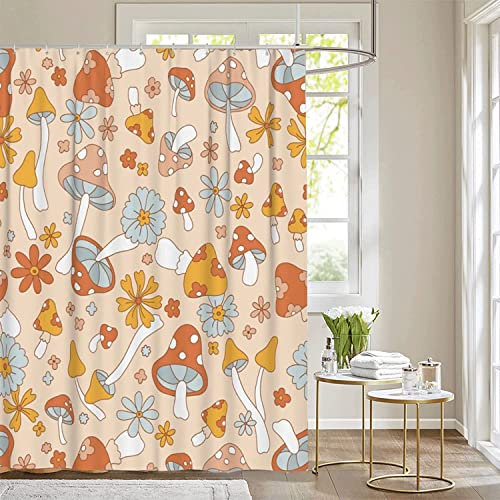Inshere Retro Hippie Pilz Duschvorhang für Badezimmer mit 12 Haken, niedliches flippiges Boho-Duschvorhänge-Set für Badezimmer-Dekoration, 183 x 183 cm, wasserdichter Stoff