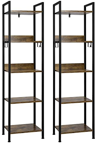 EUGAD Bücherregal mit 5 Ebenen, Standregal industriell, freistehendes Regal, Aufbewahrungsregal fürBüro Wohnzimmer Schlafzimmer Küche,mit 4 Haken, Schwarz +Vintage Holzoptik, 40x30x152,5cm