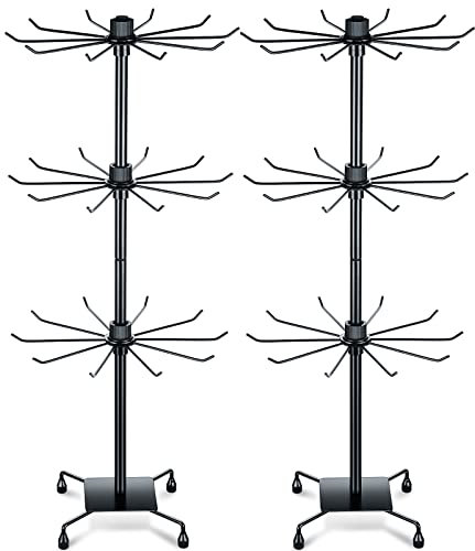 BBTO 2 Pcs Rotating Jewelry Display Rack 3 Tier Metal Display Hanging Jewelry Tower with Hooks for Earring Necklace (Black,28.35 x 11.8 Inch)
