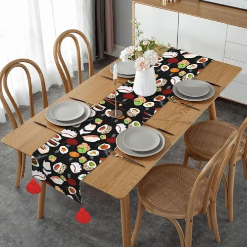 Japanischer Sushi-Tischläufer, schwarzer Druck, Jute, Tischläufer, Erntedankfest, Küche, Esstisch, Dekoration für drinnen und draußen, Zuhause, Party, 35,6 x 152,4 cm