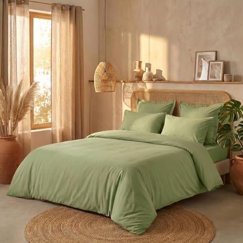 Housse de Couette 240x260 cm + taies d'oreiller, Percale 80 Fils, Sauge