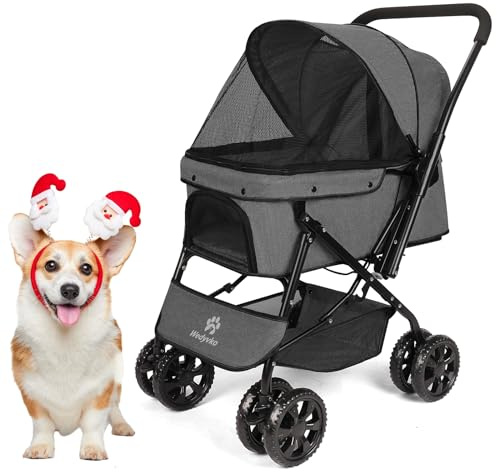 Wedyvko Mittelgroßer Hundebuggy – Kinderwagen für mittelgroße Hunde mit wendbarem Lenker, 360°-Vorderrad, Fußbremse, breitem Netzdach und 2 Sicherheitsleinen