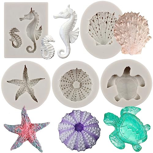 MYPRACS Set di 5 stampi in silicone a tema marino, conchiglie, stelle marine, cavallucci marini, tartarughe marine, decorazioni per torte, cupcake, caramelle, cioccolato, pasta di gomma, pasta