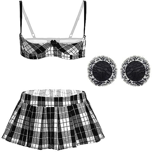 KFLY Women's Lingerie Sets 3 Piece Bra Panties And Garter Sets Half Cup Cosplay Costume (Lattice, One Size)
