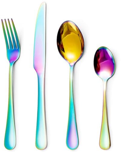 LAZAHOME Cutlery Set for 8 People,32 Piece Mixed Cutlery Sets,Rainbow Cutlery Set with Spoon Knife and Fork,Stainless Steel Flatware Set,Dishwasher Safe,Easy Clean, Mirror Polished