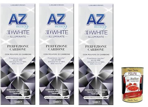 Dentifricio AZ Perfezione Carbone, Zahnpasta mit aufhellender Wirkung, mit Kohlepulver, 3x 50ml + Italian Gourmet polpa 400g