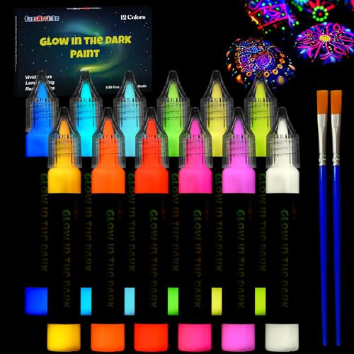 FansArriche Colori Acrilici 12 Colori × 20 ml, Illuminanti Glow in the Dark Color, Impermeabile, Colori Fluorescenti per Fai Da Te, Si Illumina al Buio, Vernice per Arte, Artisti, Studenti, Festival