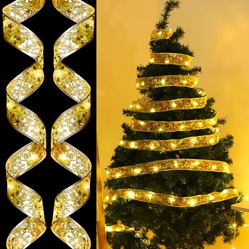 Weihnachtsband Lichter, 5 M 50 LED Glänzende Band Lichterkette, Weihnachtsbeleuchtung, Weihnachtsbaumschmuck Batteriebetrieben für Indoor Outdoor, Party, Hochzeit, Festliche Atmosphäre Schaffung