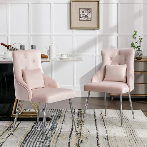 Merax Lot de 2 chaises de salle à manger avec coussin lombaire - Fauteuils modernes avec dossier haut et pieds en métal - Pour salon, chambre à coucher - Velours - Rose