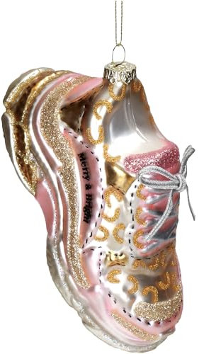 Christbaumschmuck Glas 14cm - Turnschuh Figur zum Aufhängen - handbemalt & mit Glitzer - Weihnachtsbaum Anhänger für Weihnachten - Christbaumanhänger & Weihnachtsbaumschmuck - Sport Schuh Gold Rosa