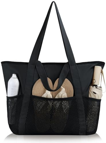 HOMESPON Strandtasche Damen mit Reißverschluss Große Wasserdicht Mesh Badetasche Familie Faltbar Beach Tote Bag Shopper,Schwarz