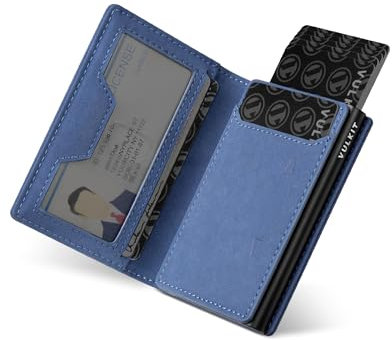 VULKIT Kartenetui Herren mit Münzfach, Ausweisfenster und Aluminium Kreditkartenetui RFID/NFC geschützt, Leder Portemonnaie für Max. 10 Karten, Blau