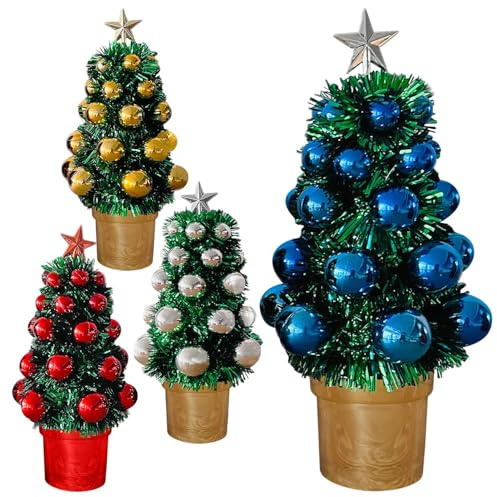 Daniel James Mini Tinsel Christmas Tree - 19.5cm Tabletop Xmas Tree with Baubles & Star Topper for Home, Office & Bedroom - Pre-Decorated Mini Christmas Tree for Windowsill – Red, Blue, Silver or Gold