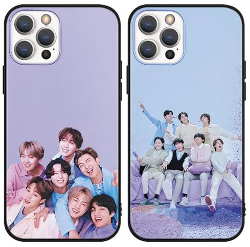 nurkorki 2 Stück Kpop Sänger Handyhülle für iPhone 12/12 Pro Hülle 6,1,Jimin Jin V J-Hope JUNG KOOK SUGA RM Muster Cartoon Cover Schutzhülle für Mädchen,Fans,Schwarz Silikon Stoßfest Case,Kawaii