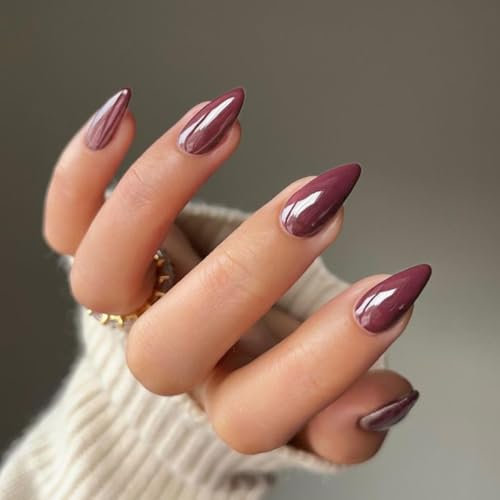 SXVME Plum Purple False Nails Medium, Acrylic Press on Nails Almond Solid Color Full Cover Fake Nails Medium Stiletto Stick on Nails for Women DIY Nail Art 24 Pcs