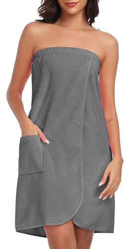Lovasy Sauna Bademantel Damen Frottee Saunatuch Saunakilt mit Taschen, Druckknopf und Gummizug,Dunkelgrau,S-M