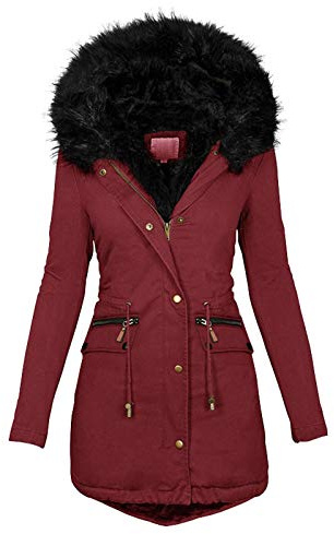 FUPODD Wintermantel Damen Mittellang Winterjacke Warm Gefüttert Fleece Parka Mantel Mit Kapuze Kunstpelzkragen Jacke Frauen Winter Winterparka Verdickene Outdoor Übergangsjacke Mit Knöpfen Zipper