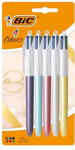 BIC 4 Couleurs Pearl Stylo-Bille Pointe Moyenne (1,0 mm) - Couleurs Assorties, Blister de 5