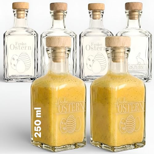 gouveo 6er Set Glasflasche 250 ml (0,25 l) Glasflasche 250 ml Cube mit Korkverschluss Holzgriffkorken, eckige Klarglas-Flaschen mit „Frohe Ostern“ Gravur Motiv-Mix zum Befüllen (MIX)
