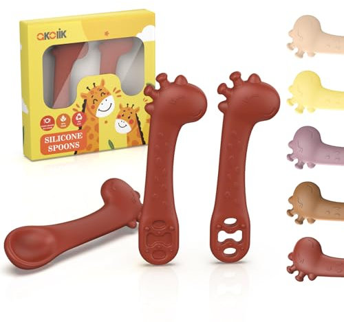 akolik PreCucharas Para Bebes, 3 Piezas de Cuchara Bebe Aprendizaje Cuchara Baby, Munchkin Cubiertos Infantiles Jirafas Mordedor para bebés y niños pequeños a partir de 4 meses (Combinación marrón)