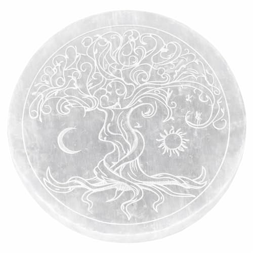 NKlaus Selenite Gemstone Charging Plate, 13.5 cm, Pack of 1 | Round charging plate with tree, sun and moon engraving, approx. 520 g; for meditation, rituals and nature decoration