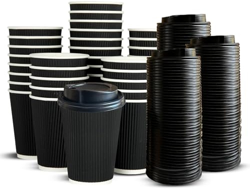 ECONX 500 X 12oz Disposable Coffee Cups with Lids Leak-Proof Insulated Triple Walled Takeaway Coffee Cups Paper Ripple for Hot and Cold Drinks Coffee, Tea for Home, Office and Cafes Black