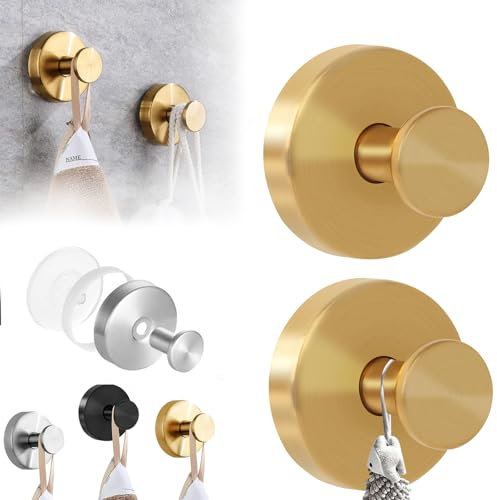 XICAIHAO Vacuum Suction Cup Hooks, 2 Pcs Suction Hooks, Shower Holder Towel Hanging,No-Drill Hook Holder,Stainless Steel Heavy Duty Suction Hook for Bathroom Kitchen Glass Door (Gold- 2 Pcs)